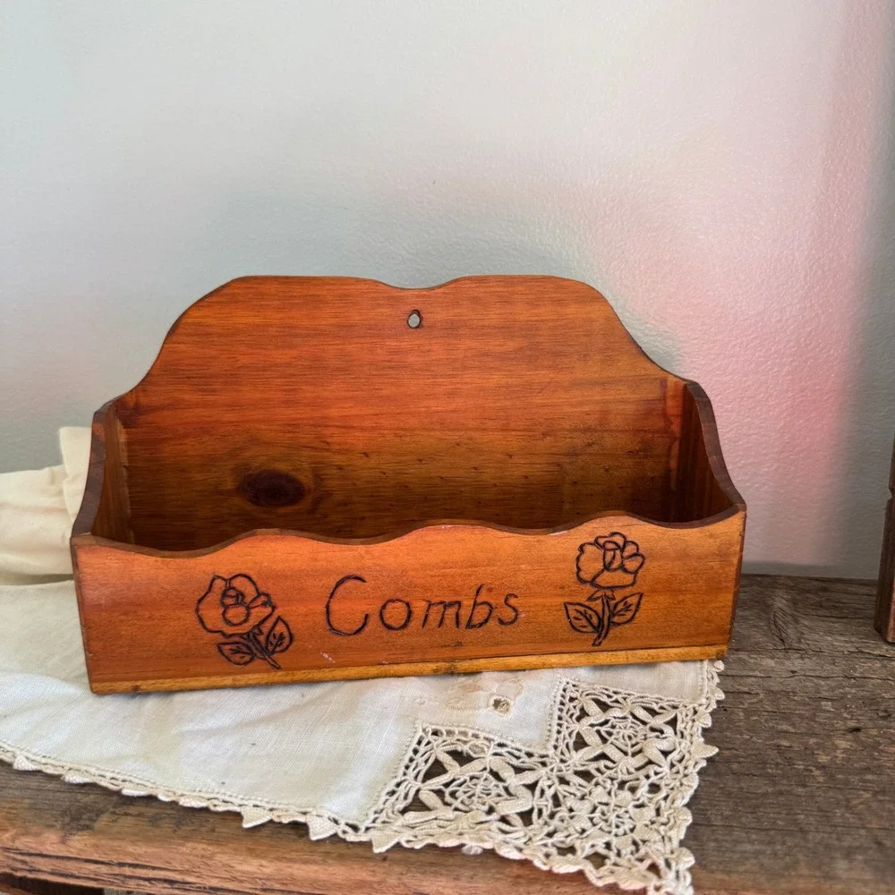 Vintage Wood Burned Wall Hanging Comb Box Organizer Rose Pyrography Rustic Decor